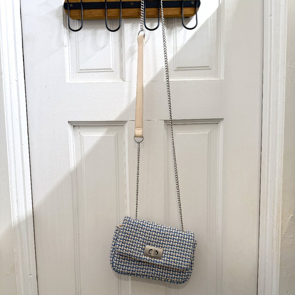 Blue and white crossbody bag